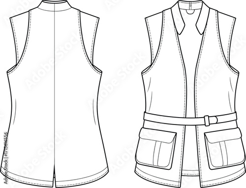 Technical fashion vector illustration of women’s sleeveless utility vest with belt, zipper closure, flap pockets, garment construction and stitching details