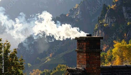 A brick chimney with billowing smoke rises above autumnal mountain scenery.