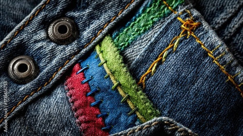 The close up of denim fabric shows colorful embroidery and stitching details of buttons and seams creating a textured and unique design.