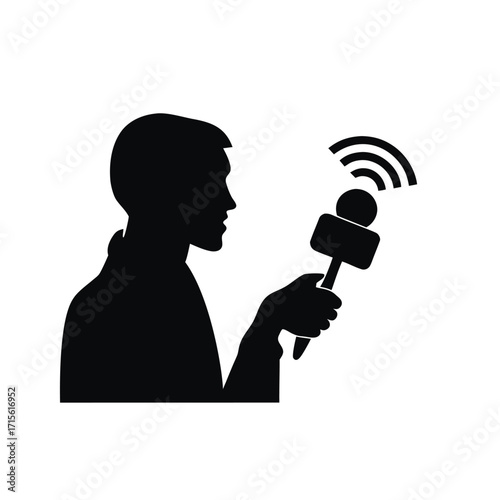Silhouette of a man speaking into a microphone broadcasting or reporting