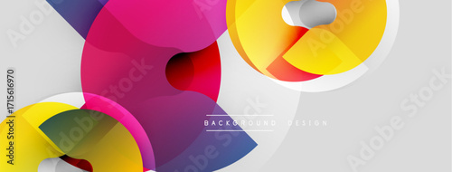 Abstract colorful shapes overlap, creating dynamic composition. Gradient hues blend, forming modern design element. Light shadows add depth.