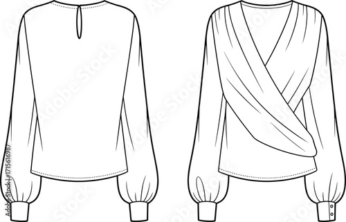 Technical fashion vector illustration of women’s blouse with long gathered sleeves, wrap front V‑neckline, keyhole back, garment construction and stitching details