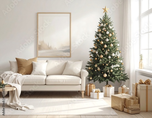 A cozy living room adorned with a festive Christmas tree, elegant presents, and warm neutral tones.