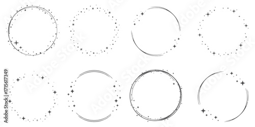 Sparkle star circle frame set. Wreath ring stardust border for party, birthday decor design. Laurel frame with cosmic glitter shine. Isolated black flat vector illustration

