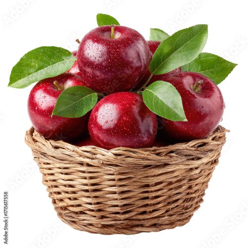 Fresh Red Apples in a Natural Woven Basket with Green Leaves