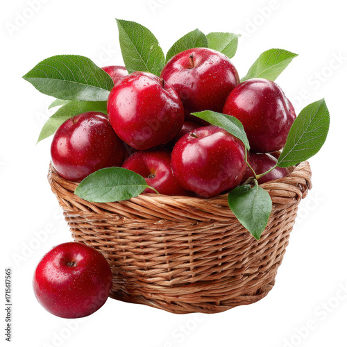 Fresh Red Apples in a Rustic Basket Surrounded by Green Leaves