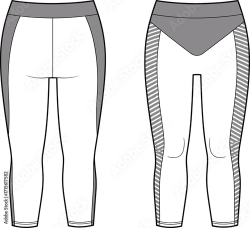 Technical fashion flat sketch of athletic leggings with side panels, wide waistband, yoke detail, front and back sportwear garment views
