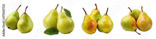 Fresh Green and Yellow Pears with Leaves, Isolated on Transparent Background