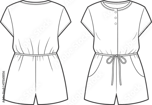 Technical fashion vector illustration of women’s romper with short sleeves, cinched waist, drawstring tie, button placket, side pockets, front and back views