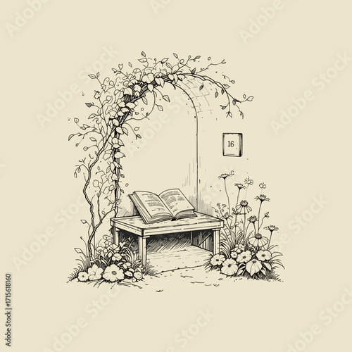 Charming illustration of an open book on a table surrounded by flowers and vines in a natural setting