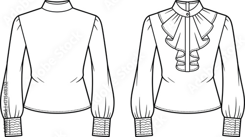 Technical fashion vector illustration of long sleeve blouse with ruffled placket, wide cuffs, high neckline, fitted waist, front and back views