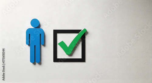 Blue person icon with a green checkmark in a black box, representing approval