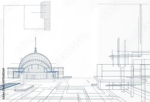 Fototapeta Abstract architectural blueprint designs, geometric shapes, lines, and structures, framework, template