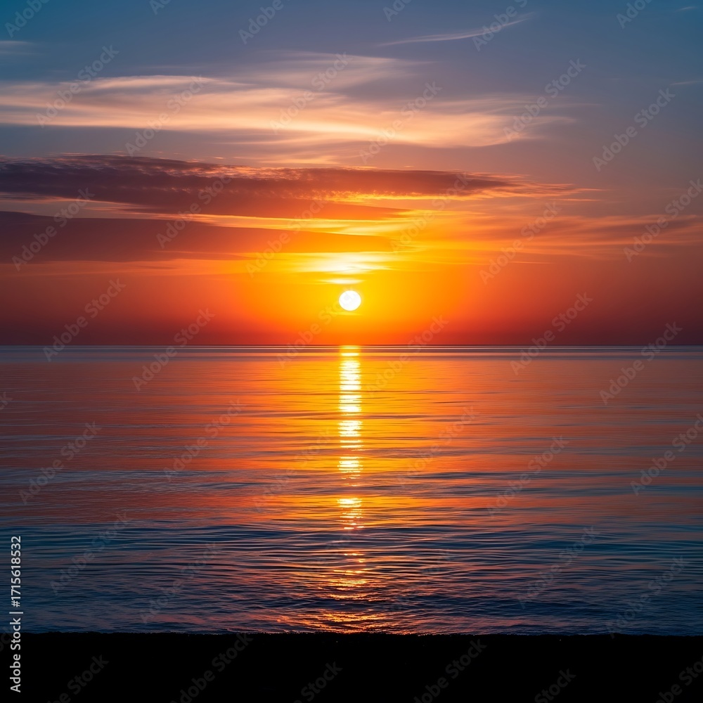 Fototapeta premium Stunning orange and red sunset mirroring vividly on a tranquil ocean surface, a serene view illustrating natural beauty and peace.