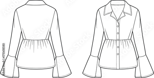 Women’s blouse technical fashion flat sketch with bell sleeves, peplum waist, button front, pointed collar, garment design vector illustration template