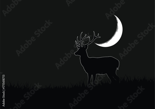 Elegant deer silhouette with crescent moon, nocturnal wildlife scene