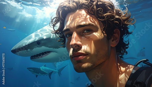 Underwater portrait of a man with a great white shark in the background, showcasing vibrant colors and a captivating underwater scene.