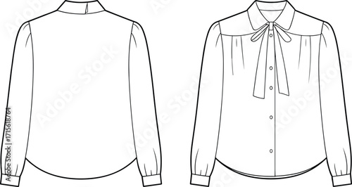 Technical fashion vector illustration of women’s blouse with bow tie neckline, front and back views, garment flat sketch for apparel design