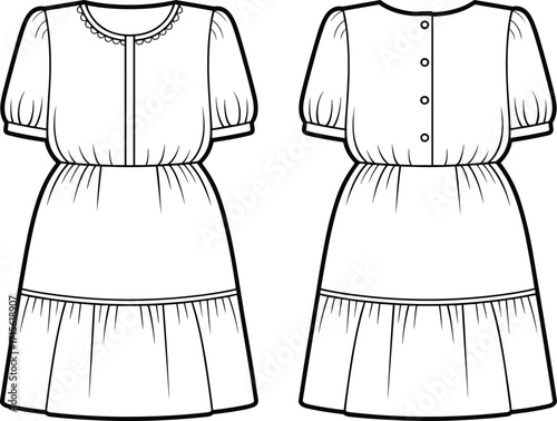 Short puff sleeve dress technical flat fashion vector, front and back view, garment sketch with scalloped neckline, buttons, and gathered skirt