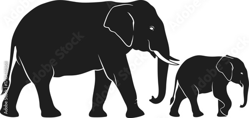 Silhouette of Mother Elephant Walking with Baby Elephant, Family Concept