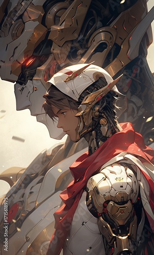 Female Warrior Robot Character with White Hair and Red Armor, Sci-Fi Fantasy Portrait