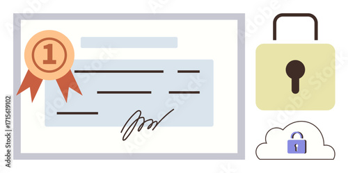 Award certificate featuring a ribbon and signature paired with a lock and secured cloud, representing trust. Ideal for cybersecurity, authentication, privacy, data safety, encryption, cloud security