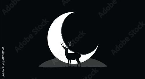 Silhouette of a Deer with Antlers and a Crescent Moon, Night Concept