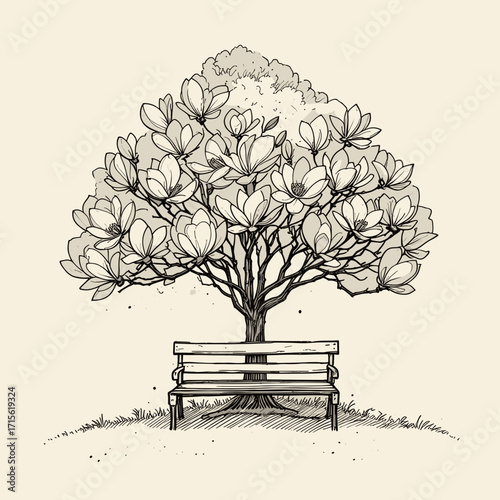 Magnolia tree with bench sketch, botanical illustration, serene outdoor relaxation area
