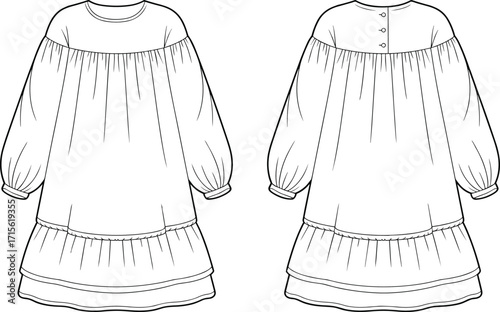 Technical fashion vector illustration of long sleeve tiered ruffle dress with gathered yoke, puff sleeves, garment flat sketch front and back view