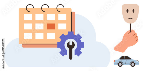 Calendar with highlighted date and gear, hand holding face mask, and car on cloud background. Ideal for schedule, maintenance, identity, privacy, vehicles, cloud systems simple flat metaphor