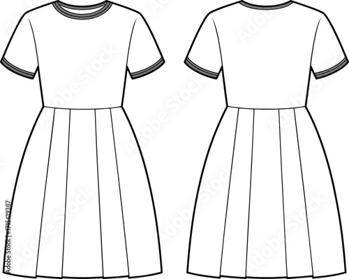 Technical fashion vector illustration of short sleeve pleated dress with round neckline, fitted bodice, garment flat sketch front and back view