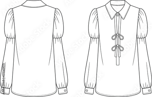 Technical fashion vector illustration of long sleeve puff blouse with bows, collar, puffed shoulders, garment flat sketch front and back view