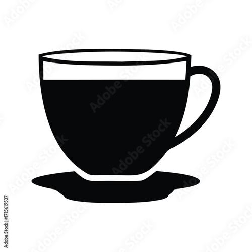 Stylized black and white illustration of a cup of coffee with a saucer, cup of tea silhouette vector illustration