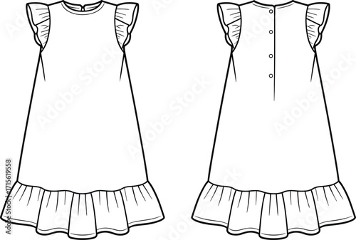 Technical fashion vector illustration of sleeveless girl dress with ruffle hem, cap sleeves, button back closure, front and back views