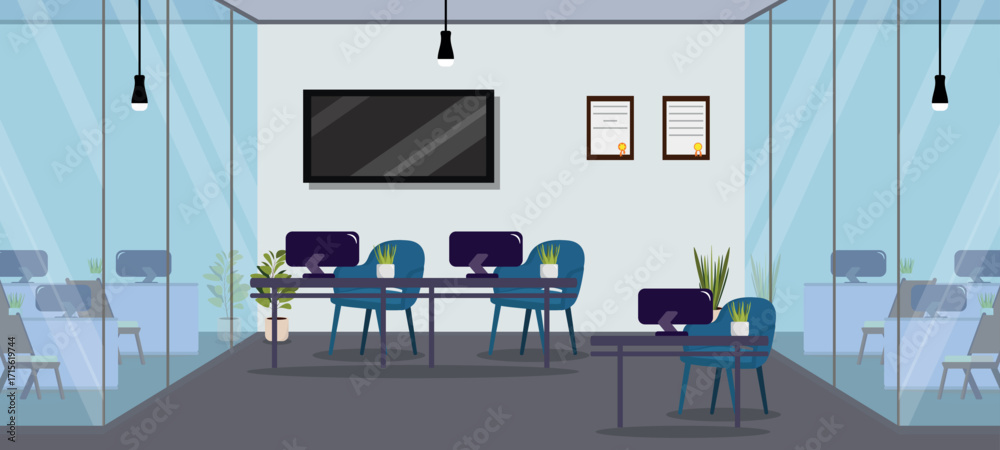 Fototapeta premium Vector illustration of stylish interior of modern office. Cartoon scene, beautiful office with transparent walls, TV, armchairs, tables, computers, flower pots, wall decorations, light bulbs.