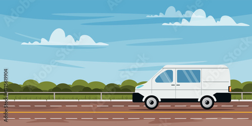 Vector illustration of a beautiful road landscape with a modern cargo van. Cartoon scene of a white van driving along a highway, fence, green bushes, blue sky with clouds. Cargo transportation.