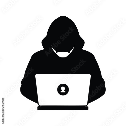Silhouette of a hacker using a laptop, symbolizing cybercrime and anonymity, hacker using encrypted device silhouette vector illustration