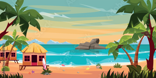 Vector illustration of summer vacation landscape. Cartoon scene of houses on the beach, surfboards, starfish, shells, stones, plants, coconut palm trees, sea with a big rock, coastal waves, sky.
