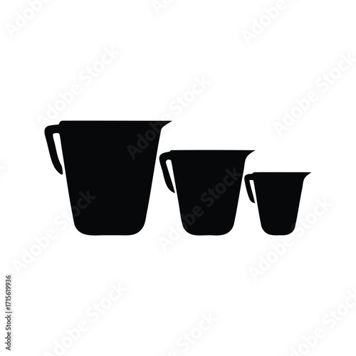 Three black measuring cups of progressively smaller sizes in a row, measuring cups silhouette vector illustration