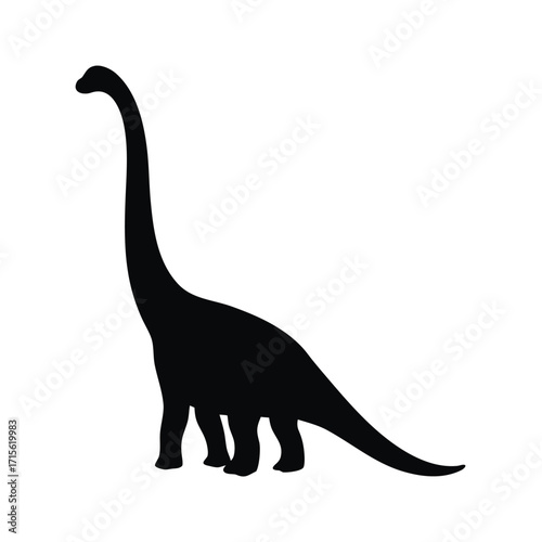 A simple black silhouette of a long necked dinosaur on a white background