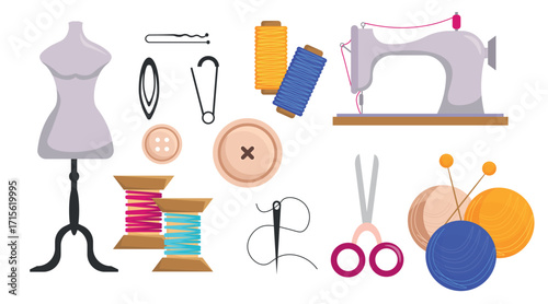 Set of sewing equipment, tools in cartoon style. Vector illustration: mannequin, sewing machine, pin, thread with needle, bobbins, skeins of thread, buttons, scissors, isolated on white background.