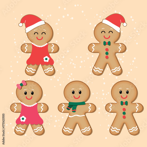 Cute gingerbread cookies in Christmas costumes with festive decorations and holiday background