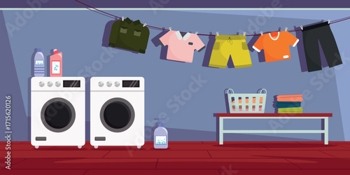 Vector illustration of laundry room interior with inventory.Cartoon scenes of washing machines, bottles of detergent, a bench with a laundry basket, folded things, different clothes hanging on a rope.