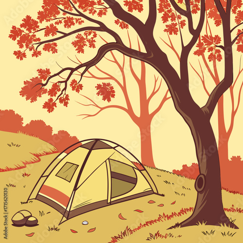 A camping scene showing a tent pitched under a large tree with autumn leaves and a pair of shoes nearby