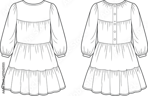 Technical flat fashion vector illustration of long puff sleeve tiered dress with scalloped hem, front and back views, garment design sketch