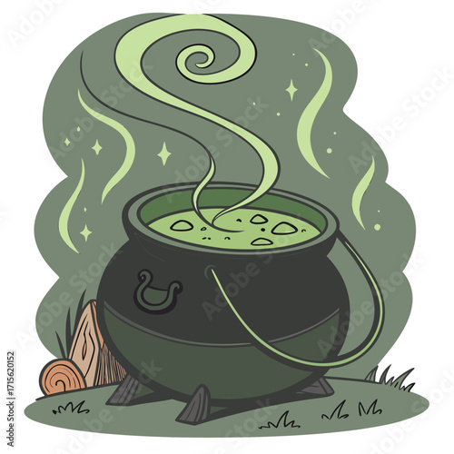 Illustration of a black cauldron filled with green potion emitting smoke with a wood pile nearby outdoors