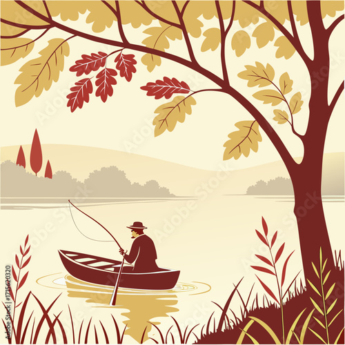 A serene scene featuring a fisherman in a boat on a lake surrounded by autumn foliage and trees landscape