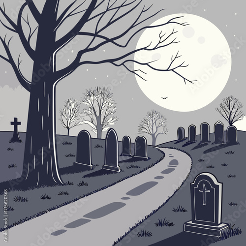 A spooky graveyard scene with tombstones, a large tree, winding path, and a full moon in the background