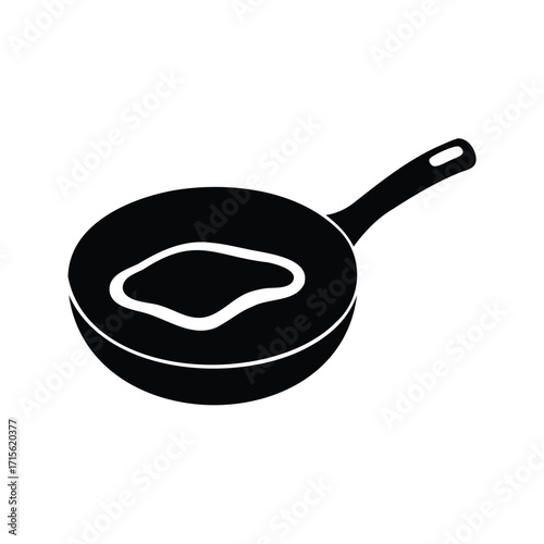 Black skillet containing food shown in silhouette on a white background, pan with steak silhouette vector illustration