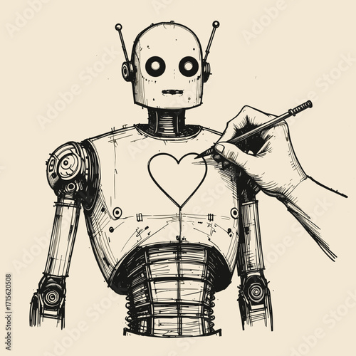 Whimsical illustration of a hand drawing a heart on a robot's chest, symbolizing emotion and creativity